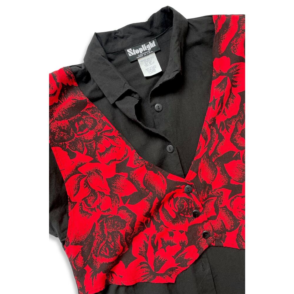 VTG 80s 90s Streetwear All-In-One Floral Vest Shirt Cotton Rose Print Button fnt